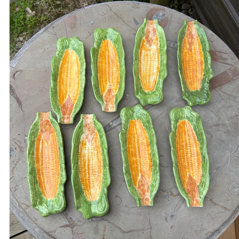 Vintage‎ Corn Dishes Set 8 Yellow Green Majolica Ceramic Studio Pottery 1985
